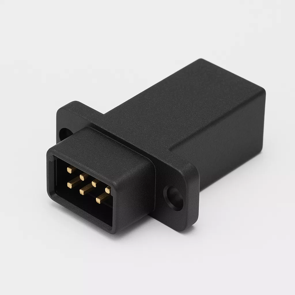 高強度碳纖強化 PPS 電子連接器,具備多針接點與固定法蘭,適用於高溫電氣模組應