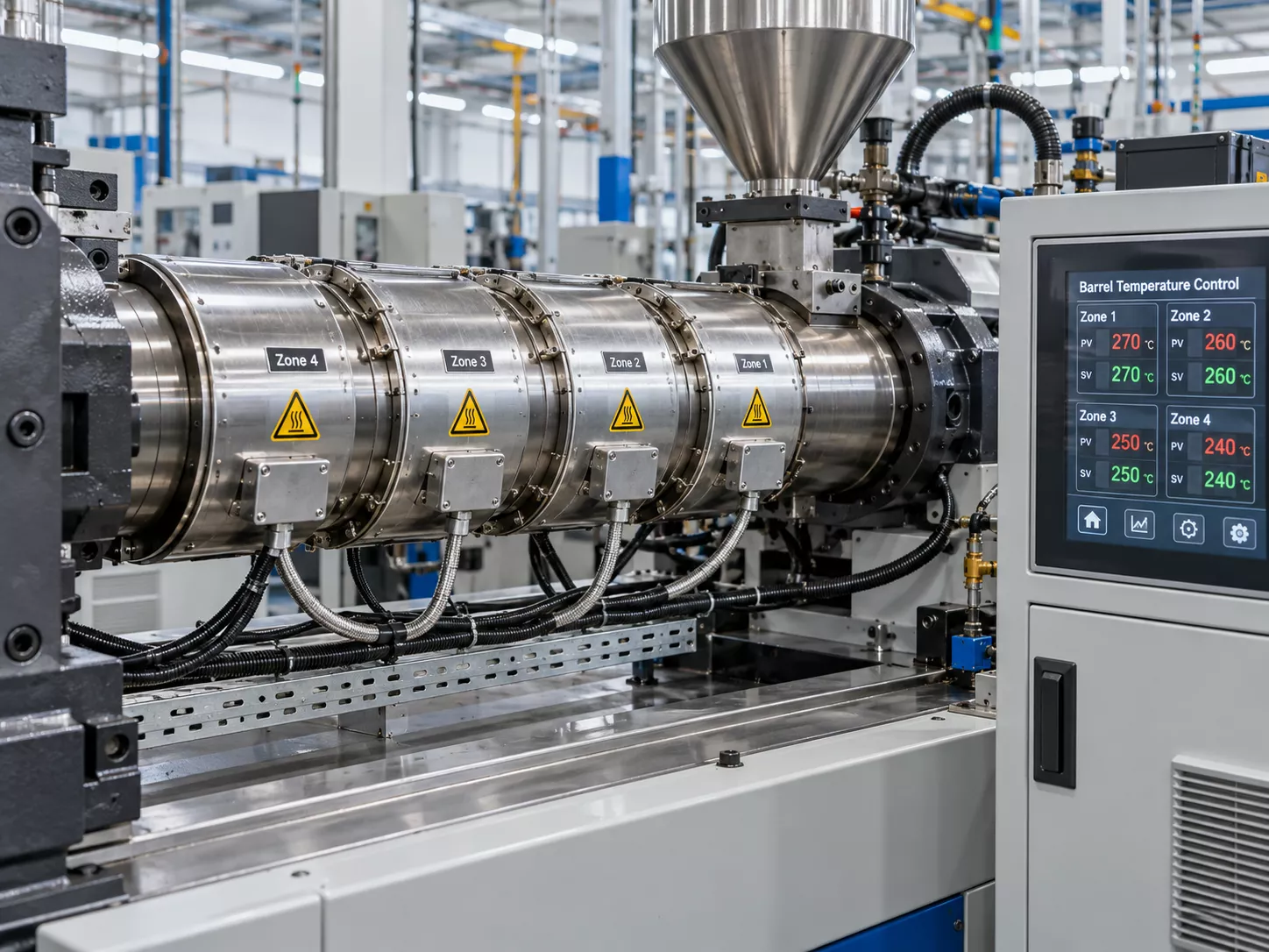 Injection molding machine barrel and temperature controller showing multiple heating zones