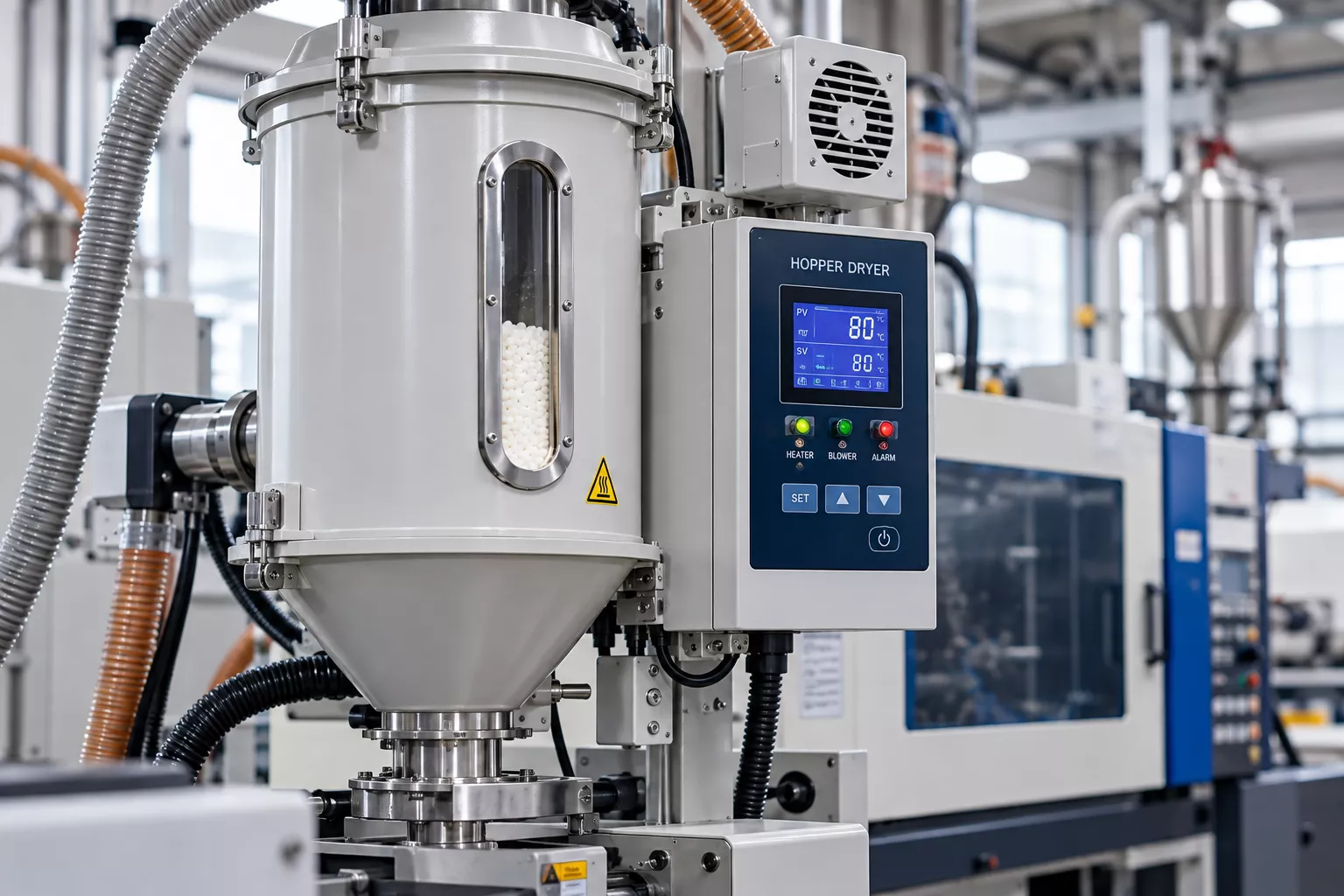 Industrial hopper dryer for drying nylon pellets and controlling moisture before injection molding