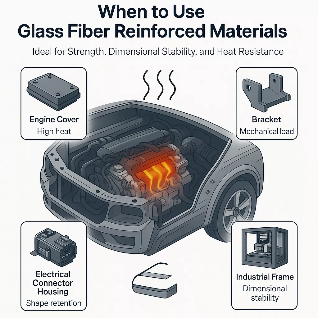 Application Guidance A: When to Use Glass Fiber Reinforced Materials If your product requires high rigidity, dimensional stability, and structural strength, glass fiber reinforced materials like PA66 GF30 are ideal.