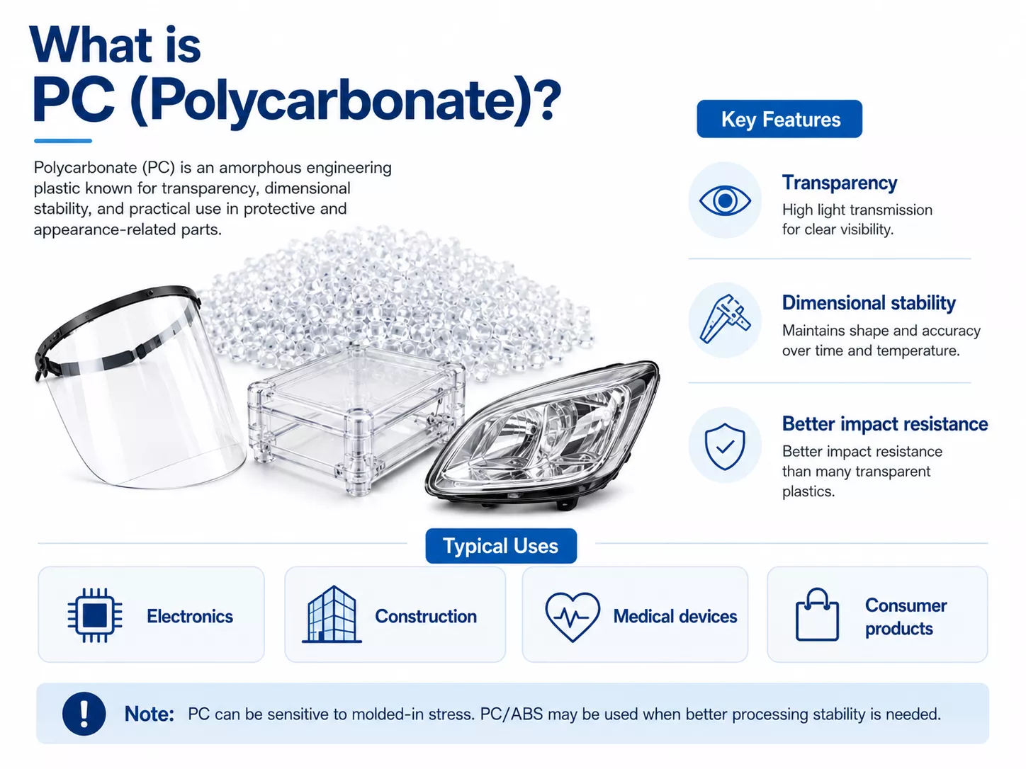 Polycarbonate (PC) is a high-performance amorphous engineering plastic best known for its exceptional impact resistance, transparency, and dimensional stability. Unlike many engineering plastics, PC combines toughness with optical clarity, making it suitable for applications where both visibility and durability are required.