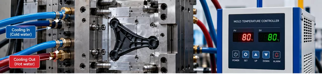 Injection mold temperature and cooling diagram showing how uniform and uneven cooling affect nylon crystallization, warpage, dimensional stability, and molding cycle time.