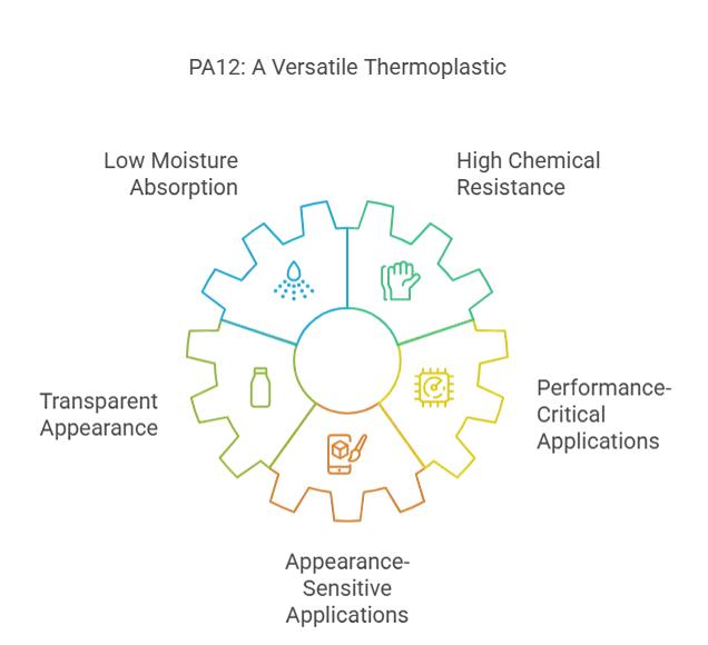 PA12, or Polyamide 12, is a semi-crystalline thermoplastic that belongs to the nylon family. Known for its low moisture absorption and high chemical resistance, PA12 also offers a distinctive advantage: a more transparent appearance compared to PA6 or PA66. This makes it an excellent choice for both performance-critical and appearance-sensitive applications.
