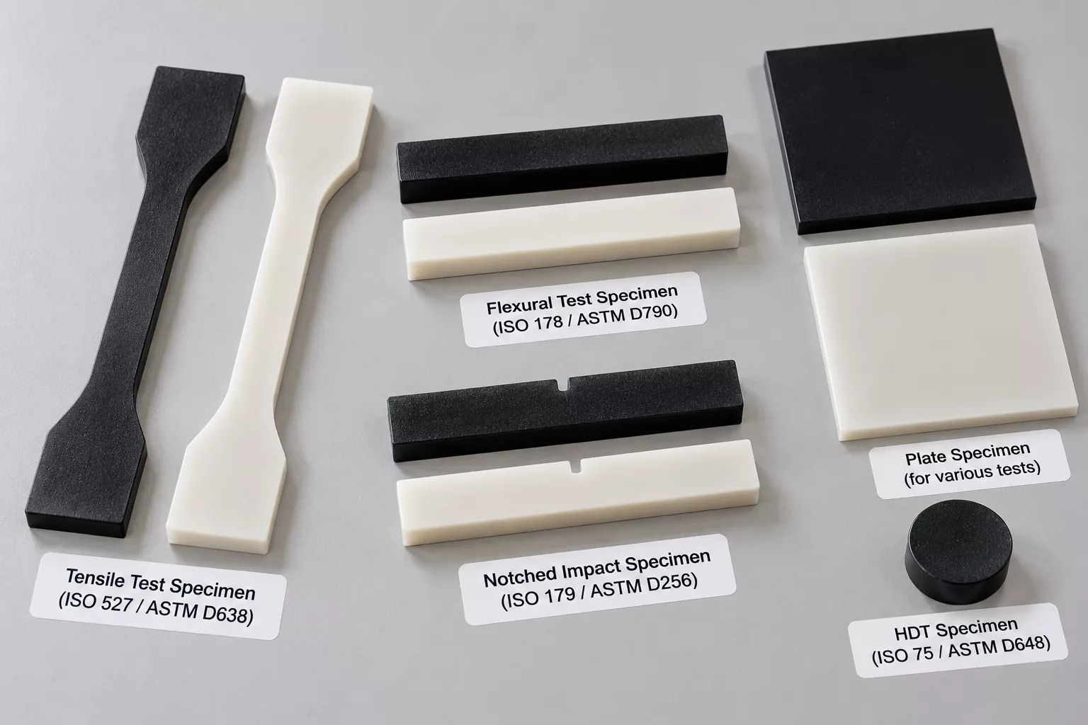Plastic test specimens for tensile strength, flexural strength, impact resistance, and heat deflection temperature testing.