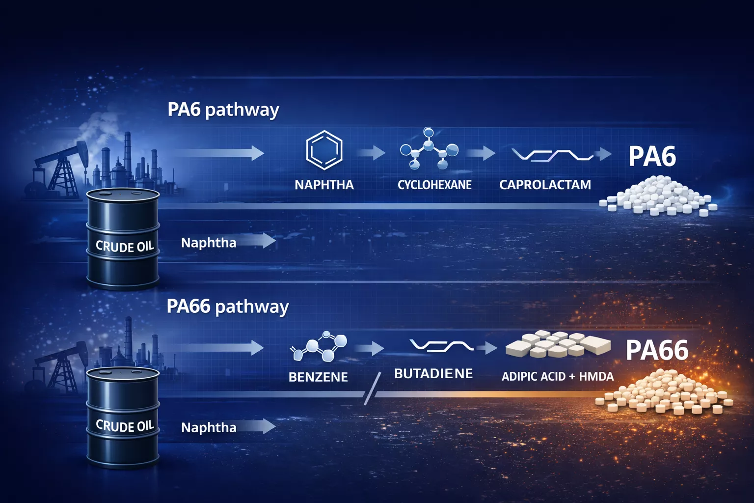 Polyamide production process showing PA6 and PA66 pathways from crude oil, naphtha, benzene, and key intermediates